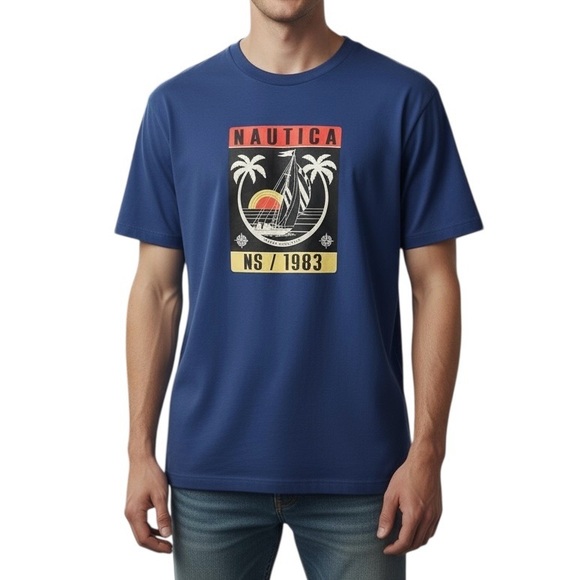 Nautica Blue Short Sleeve Tee with Palm Tree Graphic Design | Size XL - Picture 1 of 5